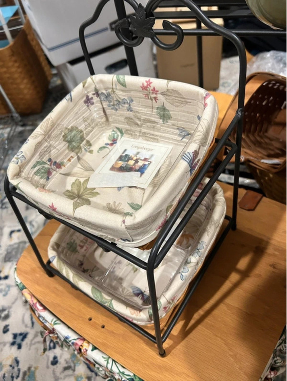 Longaberger Little bin basket & wrought iron stand